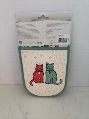 Double Glove Oven Mitt with Teal & Red Cat Design
